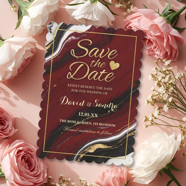 Chic Burgundy Gold Agate Marble Modern Wedding  Save The Date (Creator Uploaded)