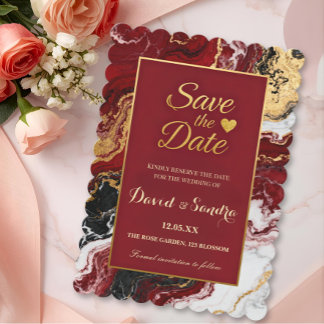 Chic Burgundy Gold Agate Marble Modern Wedding Save The Date