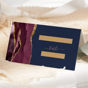 Chic Burgundy Gold Agate Navy Wedding Table Place Card