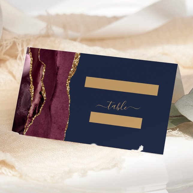 Chic Burgundy Gold Agate Navy Wedding Table Place Card (Creator Uploaded)