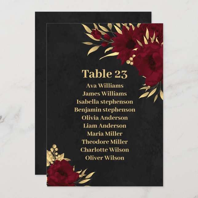 Chic burgundy & gold black seating chart card (Front/Back)