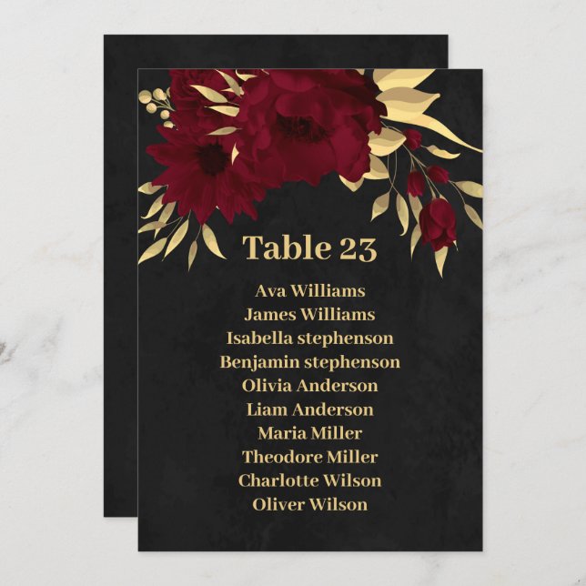 Chic burgundy & gold black seating chart card (Front/Back)