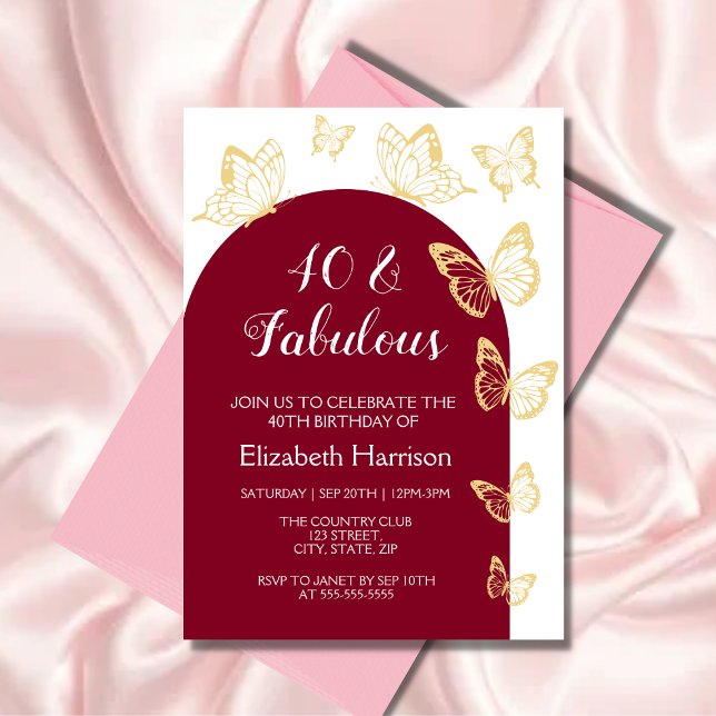 Chic Burgundy Gold Butterflies Fabulous Birthday  Invitation (Creator Uploaded)