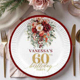Chic Burgundy Gold Eucalyptus 60th Birthday Paper Plate