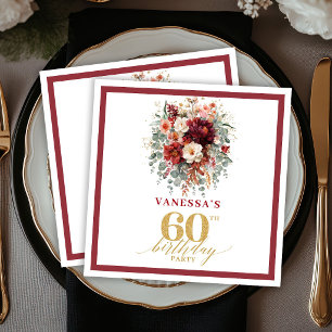 Chic Burgundy Gold Eucalyptus 60th Birthday Party Napkin