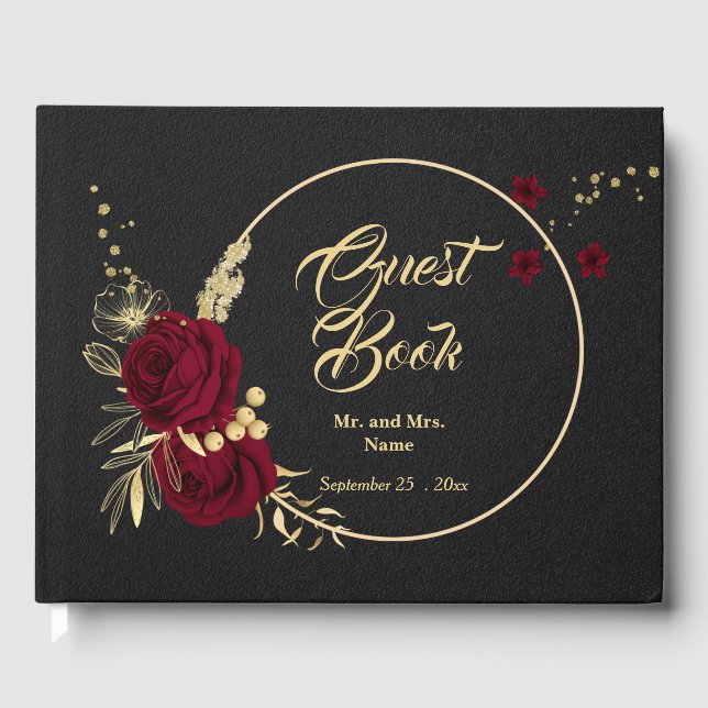 chic burgundy gold floral wreath black guest book (Front)