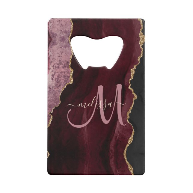 Chic Burgundy Gold Glitter Agate Custom Monogram (Front)