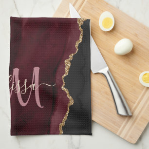 Chic Burgundy Gold Glitter Agate Custom Monogram B Tea Towel