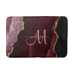 Chic Burgundy Gold Glitter Agate Custom Monogram Bath Mat