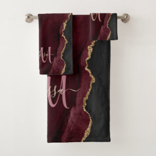 Chic Burgundy Gold Glitter Agate Custom Monogram Bath Towel Set