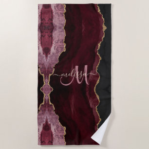 Chic Burgundy Gold Glitter Agate Custom Monogram Beach Towel
