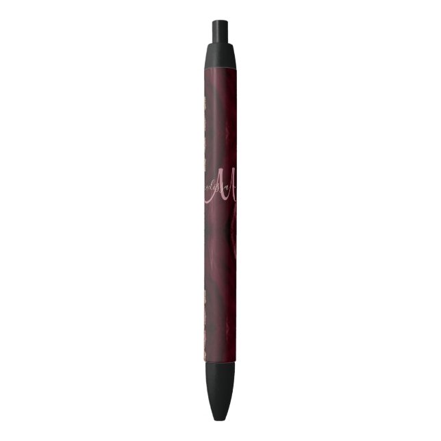 Chic Burgundy Gold Glitter Agate Custom Monogram Black Ink Pen (Front Vertical)