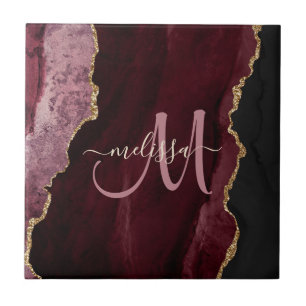 Chic Burgundy Gold Glitter Agate Custom Monogram Ceramic Tile