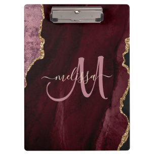 Chic Burgundy Gold Glitter Agate Custom Monogram Clipboard