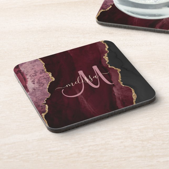 Chic Burgundy Gold Glitter Agate Custom Monogram Coaster (Left Side)