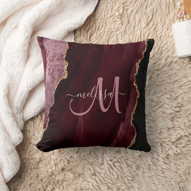Chic Burgundy Gold Glitter Agate Custom Monogram Cushion (Blanket)