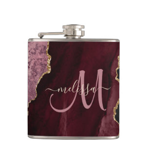 Chic Burgundy Gold Glitter Agate Custom Monogram Hip Flask