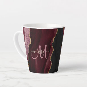 Chic Burgundy Gold Glitter Agate Custom Monogram Latte Mug