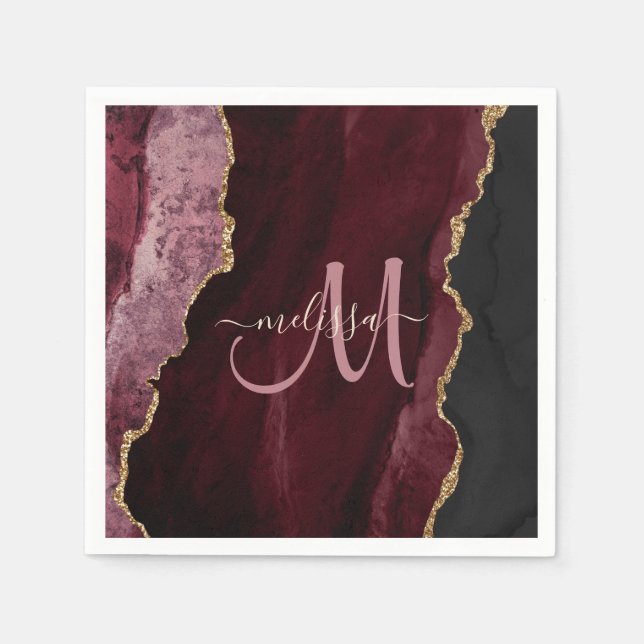 Chic Burgundy Gold Glitter Agate Custom Monogram Napkin (Front)