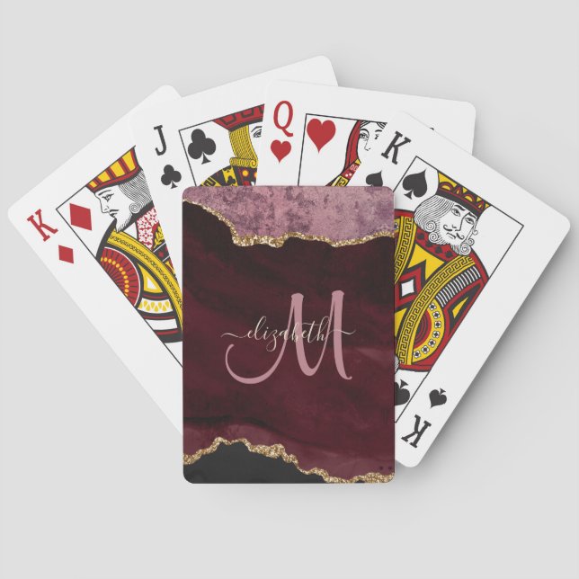 Chic Burgundy Gold Glitter Agate Custom Monogram Playing Cards (Back)