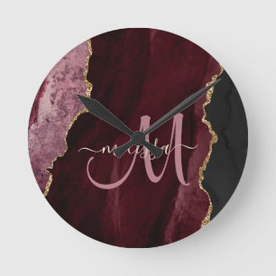Chic Burgundy Gold Glitter Agate Custom Monogram Round Clock