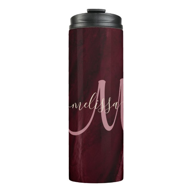 Chic Burgundy Gold Glitter Agate Custom Monogram Thermal Tumbler (Front)