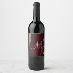 Chic Burgundy Gold Glitter Agate Custom Monogram Wine Label