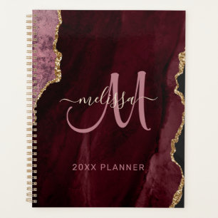 Chic Burgundy Gold Glitter Agate Monogram 2024 Planner