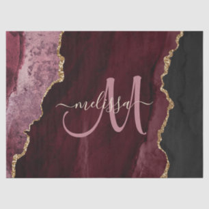 Chic Burgundy Gold Glitter Agate Monogram Tissue Paper