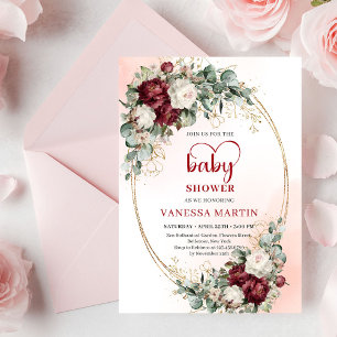 Chic Burgundy Gold Heart-Shaped Font Baby Shower Invitation
