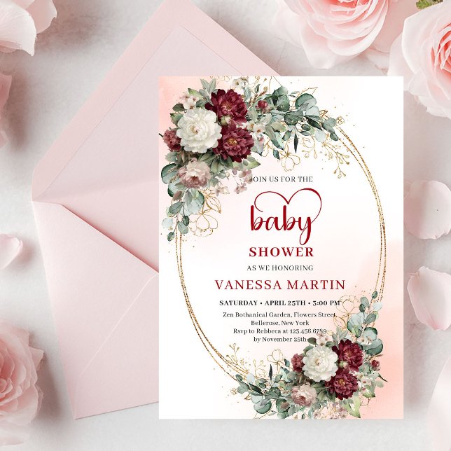 Chic Burgundy Gold Heart-Shaped Font Baby Shower  Invitation (Chic Burgundy Gold Heart-Shaped Font Baby Shower Invitation)