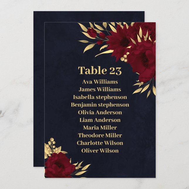Chic burgundy & gold navy blue seating chart card (Front/Back)