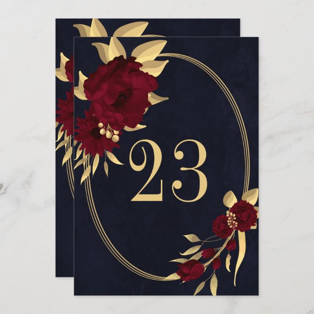 Chic burgundy & gold navy geometric table number (Front/Back)
