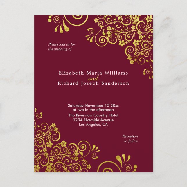 Chic Burgundy Gold Wedding Invitation RSVP Postcard (Front)