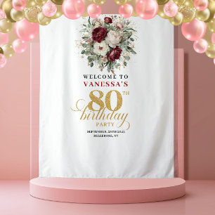 Chic Burgundy Greenery 80th Birthday Tapestry