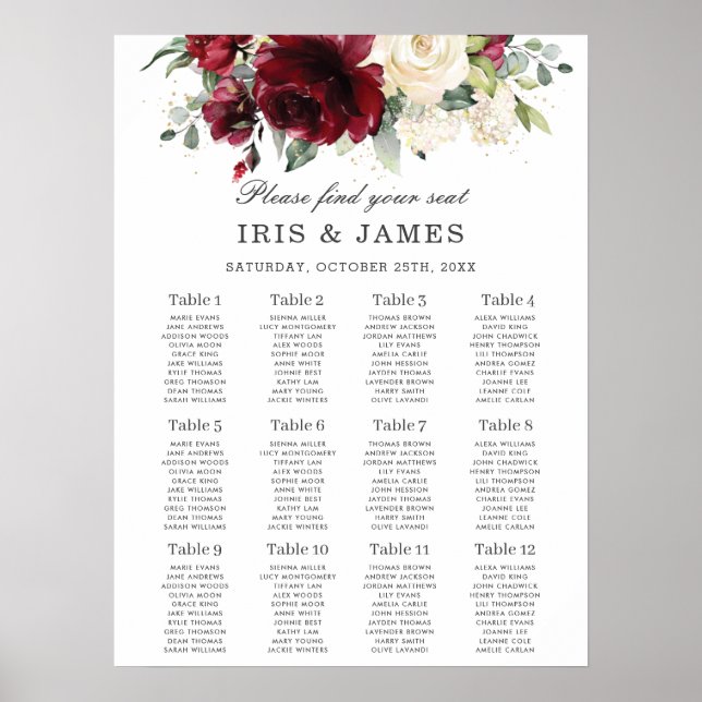 Chic Burgundy Ivory Floral Wedding Seating Chart (Front)