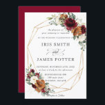 Chic Burgundy Ivory Rust Floral Wedding Geometric Invitation<br><div class="desc">This chic wedding invitation features a gold glitter geometric frame adorned by rustic watercolor burgundy, rust burnt orange, ivory floral and green foliage arrangements. Personalise it with your details easily and quickly, simply press the customise it button to further re-arrange and format the style and placement of the text. (c)...</div>