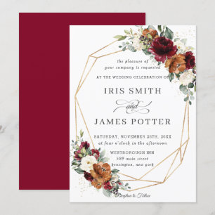 Chic Burgundy Ivory Rust Floral Wedding Geometric Invitation