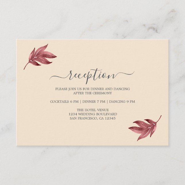 Chic Burgundy Leaf Ivory Minimal Wedding Reception Enclosure Card (Front)