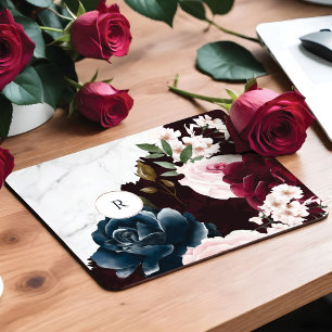 Chic Burgundy & Marble Watercolor Floral Monogram Mouse Pad