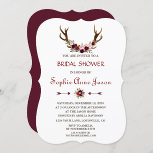Chic Burgundy Marsala Floral Antlers Bridal Shower Invitation