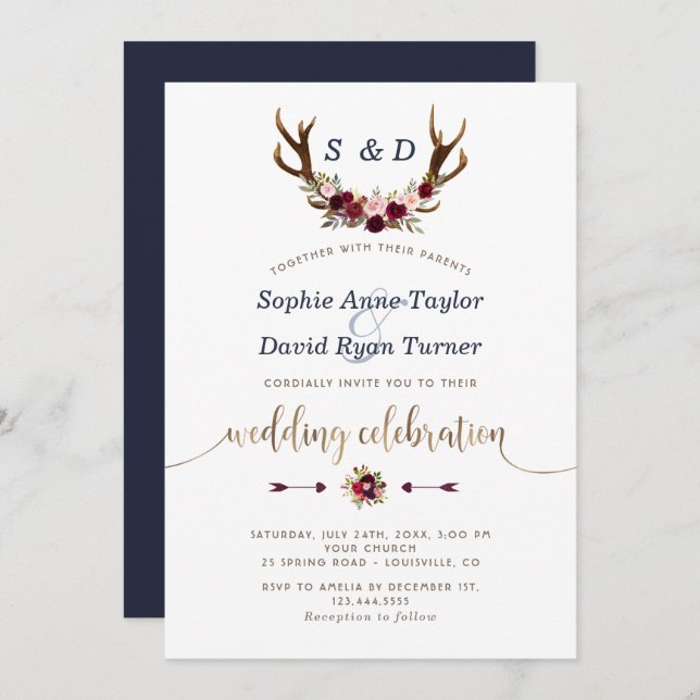 Chic Burgundy Marsala Floral Antlers Gold Wedding Invitation (Front/Back)