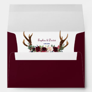 Chic Burgundy Marsala Floral Antlers Wedding Envelope