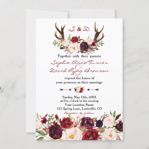 Chic Burgundy Marsala Floral Antlers Wedding Invitation