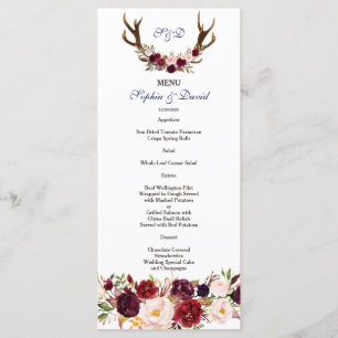 Chic Burgundy Marsala Floral Antlers Wedding Menu