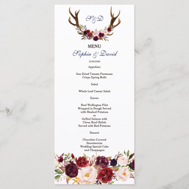 Chic Burgundy Marsala Floral Antlers Wedding Menu (Front)