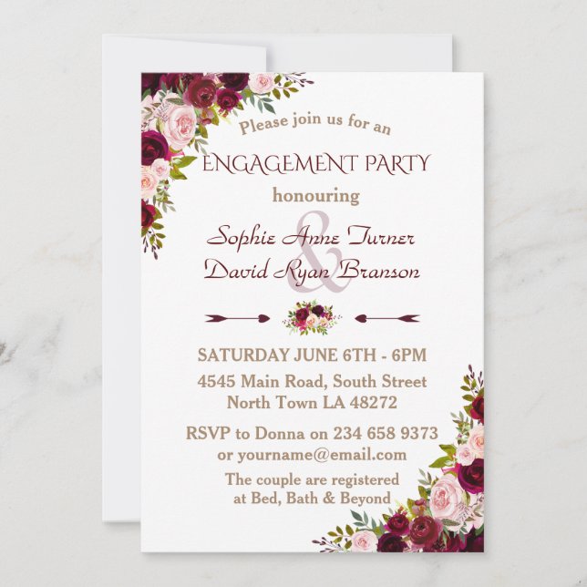 Chic Burgundy Marsala Floral Engagement Party Invitation (Front)