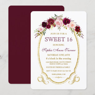 Chic Burgundy Marsala Floral Fall SWEET 16 Invitation
