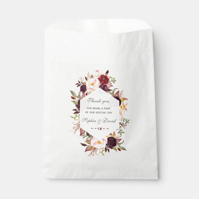 Chic Burgundy Marsala Floral Geometric Wedding Favour Bag (Front)