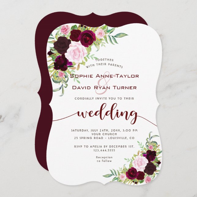 Chic Burgundy Marsala Floral Gold Wedding Invitation (Front/Back)